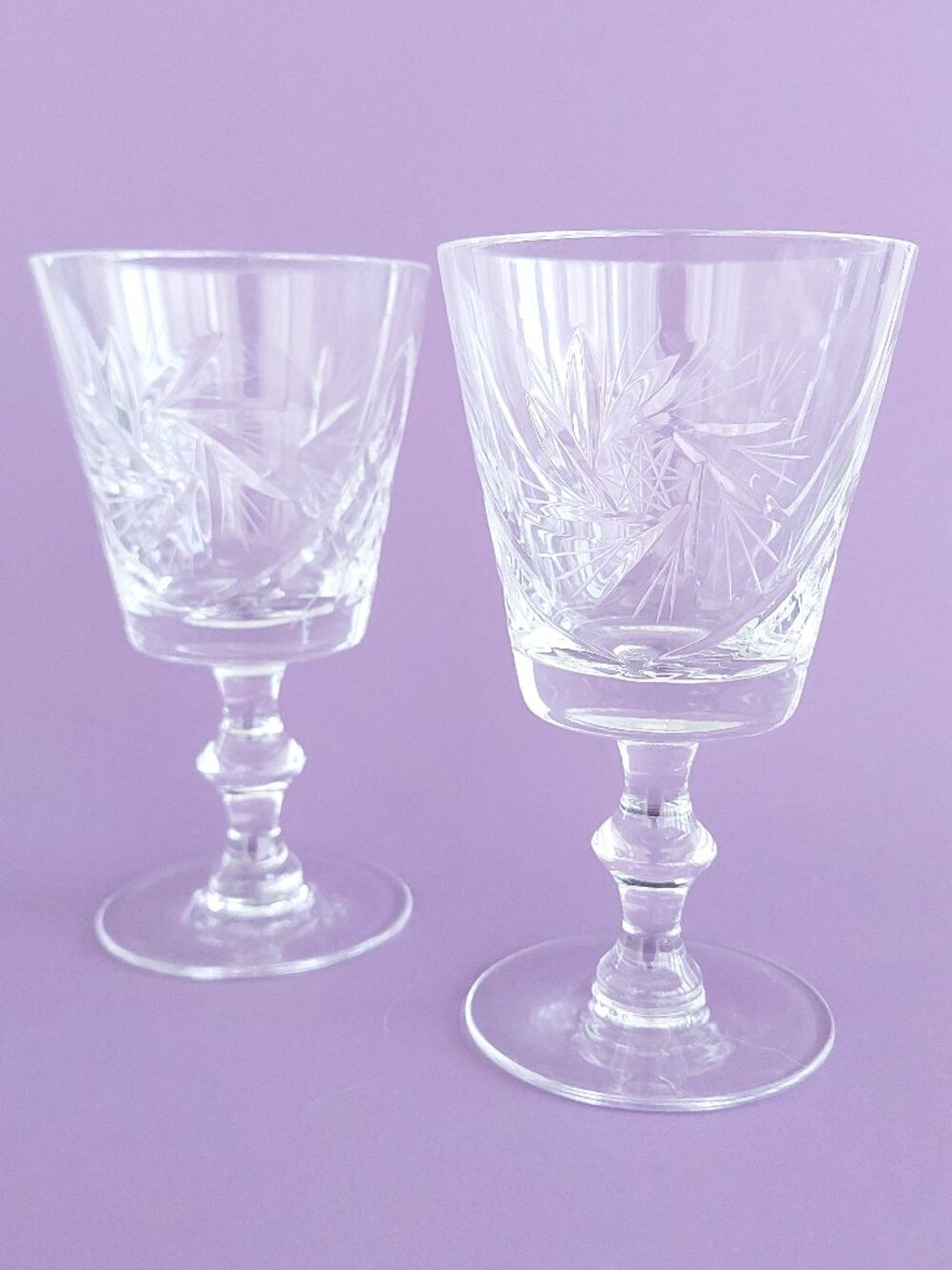 Set of 2 Vintage Pinwheel Crystal Wine Goblets Hand Cut Stemware 5.75"